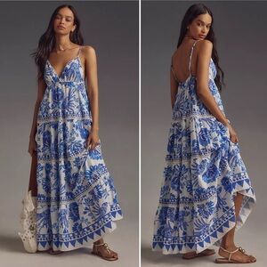 Farm Rio Flowerful Birds Maxi Dress size large like new fluttery blue & white